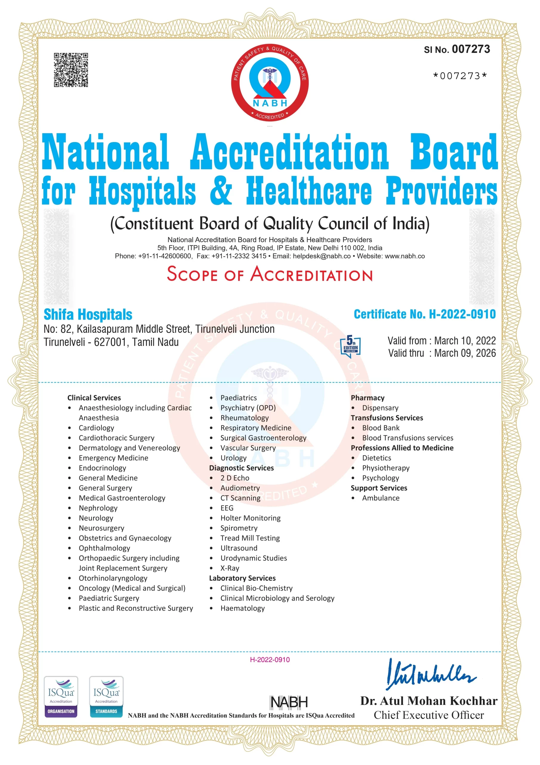 NABH Certificate - Shifa Hospitals Tirunelveli